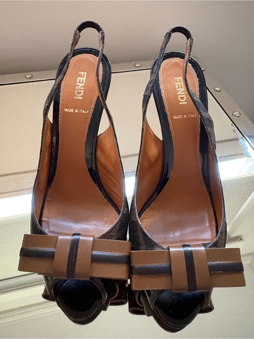 Fendi Black and Brown Open-Toe Slingback Heels with Bow
